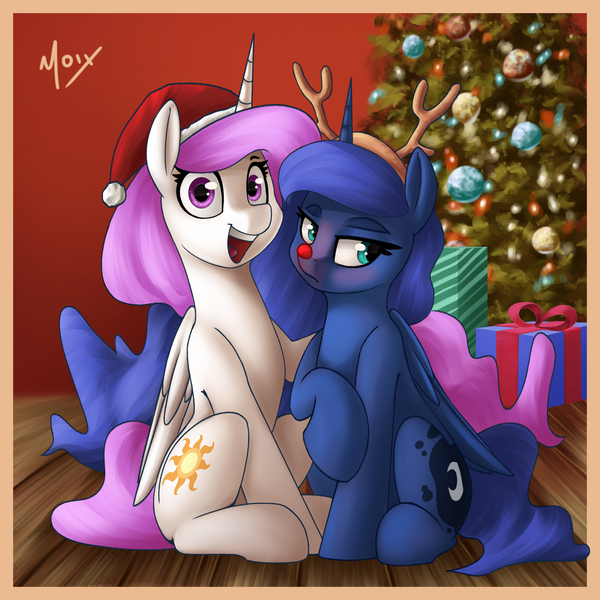 Size: 2000x2000 | Tagged: safe, artist:supermoix, derpibooru import, princess celestia, princess luna, alicorn, pegasus, pony, unicorn, christmas, christmas lights, christmas tree, cute, cutelestia, holiday, image, looking at you, looking back, pink-mane celestia, png, present, sitting, tree