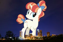Size: 1600x1071 | Tagged: safe, artist:cheezedoodle96, derpibooru import, rainbow stars, pony, unicorn, bow, female, giant pony, giant unicorn, giantess, hair bow, hair bun, highrise ponies, image, irl, macro, mare, mega giant, milwaukee, photo, png, ponies in real life, tail, tail bow, tail bun, wisconsin