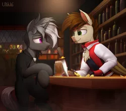 Size: 2843x2500 | Tagged: safe, artist:uliovka, derpibooru import, oc, oc:dark, oc:swango, unofficial characters only, hippogriff, pony, unicorn, alcohol, bar, beer, building, clothes, commission, image, looking at each other, looking at someone, male, png, scenery, smiling, stallion, window