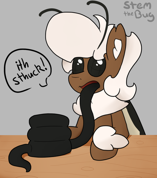 Size: 1083x1225 | Tagged: safe, artist:stemthebug, derpibooru import, oc, oc:stem bedstraw, unofficial characters only, hybrid, insect, moth, mothpony, original species, pony, cartoon physics, eating, food, image, pancakes, png, solo, stuck, tongue out