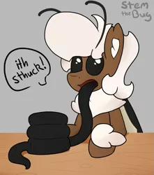 Size: 1083x1225 | Tagged: safe, artist:stemthebug, derpibooru import, oc, oc:stem bedstraw, unofficial characters only, hybrid, insect, moth, mothpony, original species, pony, cartoon physics, eating, food, image, pancakes, png, solo, stuck, tongue out