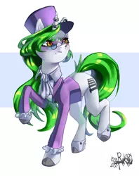 Size: 2780x3507 | Tagged: safe, artist:charlot, derpibooru import, snowfall frost, starlight glimmer, oc, oc:electra green, pony, unicorn, glasses, hat, image, piercing, png, solo
