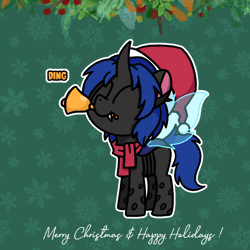 Size: 800x800 | Tagged: safe, artist:sugar morning, derpibooru import, oc, oc:swift dawn, unofficial characters only, changeling, pony, ^^, animated, bell, blue changeling, changeling oc, christmas, christmas changeling, clothes, commission, cute, dancing, eyes closed, gif, green background, hat, holiday, horn, image, male, mouth hold, ocbetes, outline, santa hat, scarf, simple background, smiling, solo, stallion, sweet dreams fuel, weapons-grade cute, white outline, wings, ych result