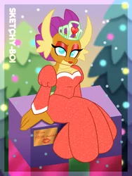 Size: 3000x4000 | Tagged: safe, artist:snakeythingy, derpibooru import, smolder, breasts, busty smolder, christmas, christmas tree, hearth's warming, holiday, image, looking at you, png, present, princess smolder, story included, tree