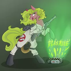 Size: 1024x1024 | Tagged: safe, artist:lunathemoongod, derpibooru import, plasmane, earth pony, pony, crossover, deviantart watermark, female, ghost trap, ghostbusters, image, jpeg, mare, obtrusive watermark, proton pack, solo, watermark