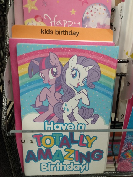 Size: 3120x4160 | Tagged: safe, derpibooru import, rarity, twilight sparkle, twilight sparkle (alicorn), alicorn, pony, unicorn, back to back, bipedal, birthday, birthday card, duo, duo female, female, five below, image, jpeg, merchandise, open mouth, photo