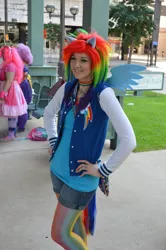 Size: 636x960 | Tagged: safe, artist:glitzygeekgirl, derpibooru import, pinkie pie, rainbow dash, human, equestria girls, 2012, animecon, backpack, clothes, cosplay, costume, hand on hip, image, irl, irl human, jpeg, merchandise, multicolored hair, photo, rainbow hair