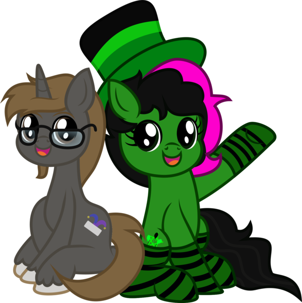 Size: 1522x1525 | Tagged: safe, artist:lincolnbrewsterfan, derpibooru import, oc, oc:funnygamer95, oc:toxicpie, unofficial characters only, earth pony, pony, unicorn, derpibooru community collaboration, .svg available, 2022 community collab, alternate universe, black mane, black tail, brown mane, brown tail, clothes, colored eyebrows, cute, derpibooru exclusive, duo, earth pony oc, elements of poison, eyebrows, facial hair, female, glasses, goatee, happy, hat, horn, image, jester hat, looking at you, mare, monster, ocbetes, open mouth, open smile, pink mane, png, simple background, sitting, smiling, smiling at you, socks, solo, striped socks, tail, top hat, transparent background, two toned mane, unicorn oc, unshorn fetlocks, vector, waving, waving at you