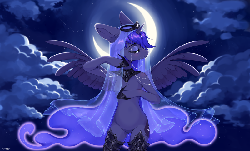 Size: 2153x1302 | Tagged: safe, artist:kitten-in-the-jar, derpibooru import, princess luna, alicorn, semi-anthro, breasts, clothes, crescent moon, crying, ear fluff, eyes closed, featureless breasts, featureless crotch, female, floppy ears, image, jewelry, moon, night, png, regalia, see-through, solo, spread wings, wings