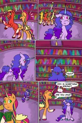 Size: 1000x1500 | Tagged: safe, artist:hitchpippetals, derpibooru import, hitch trailblazer, izzy moonbow, sprout cloverleaf, sunny starscout, alicorn, earth pony, unicorn, comic:bridlewood library, my little pony: a new generation, g5, image, library, png, sad, sunnycorn