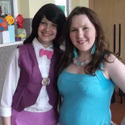 Size: 612x612 | Tagged: safe, derpibooru import, octavia melody, human, equestria girls, 2015, bowtie, clothes, cosplay, costume, duo, eilemonty, image, irl, irl human, jpeg, photo