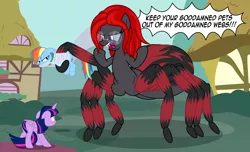 Size: 3488x2118 | Tagged: safe, artist:badumsquish, derpibooru import, rainbow dash, twilight sparkle, twilight sparkle (alicorn), oc, alicorn, monster pony, original species, pony, spiderpony, unicorn, angry, bondage, bound, bound and gagged, cowering, derpibooru exclusive, dialogue, doorstep, fangs, female, floppy ears, frown, gag, giant pony, glare, glasses, house, image, leg hold, macro, mare, png, ponyville, red and black oc, round glasses, shaking hoof, show accurate, size difference, solo, spider web, tail, tail between legs, threatening, unamused, vulgar, yelling