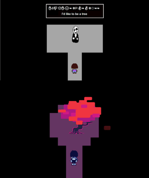 Size: 1576x1889 | Tagged: safe, derpibooru import, edit, barely pony related, cropped, deltarune, fluttertree, frisk, i'd like to be a tree, image, kris, meme, png, text, tree, undertale, w.d. gaster