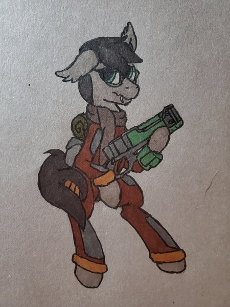 Size: 1209x1612 | Tagged: safe, artist:rustlerustle, derpibooru import, oc, oc:cornerstone, bat pony, fallout equestria, clothes, glasses, image, jpeg, laser rifle, scarf, scribe, solo, traditional art