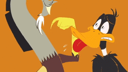 Size: 864x486 | Tagged: safe, artist:naquelinedelch2, derpibooru import, discord, bird, draconequus, duck, animated, animatronic, conbons, daffy duck, image, looney tunes, orange background, question mark, simple background, sound, voice, voice acting, warner brothers, webm