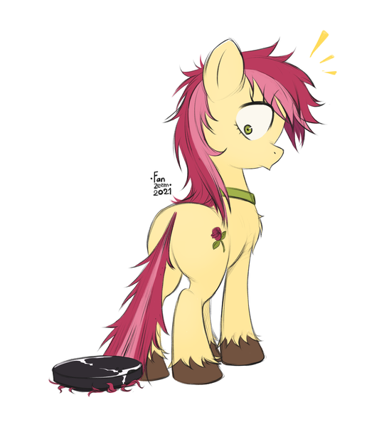 Size: 2480x2721 | Tagged: source needed, safe, artist:fanzeem, derpibooru import, roseluck, earth pony, pony, collar, commission, commissioner:doom9454, cute, emanata, fluffy, image, looking back, png, pony pet, roomba, simple background, tail, tail pull, tangled up, white background, wide eyes