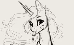 Size: 1985x1214 | Tagged: safe, artist:miokomata, derpibooru import, princess celestia, alicorn, pony, bust, female, food, grayscale, image, jpeg, looking at you, mare, monochrome, mouth hold, popsicle, simple background, sketch, solo, white background