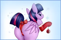 Size: 2905x1901 | Tagged: suggestive, artist:andelai, derpibooru import, twilight sparkle, twilight sparkle (alicorn), alicorn, pony, bedroom eyes, bow, butt, christmas, christmas ornament, clothes, decoration, female, holiday, image, large butt, looking at you, looking back, panties, png, simple background, smiling, solo, stupid sexy twilight, twilight has a big ass, underwear