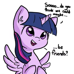 Size: 701x692 | Tagged: safe, artist:tjpones, color edit, colorist:lilliz, derpibooru import, edit, twilight sparkle, twilight sparkle (alicorn), alicorn, pony, adorkable, adorkable twilight, bronybait, colored, colored sclera, cute, dialogue, dork, female, horn, image, open mouth, png, princess of friendship, question mark, simple background, solo, spread wings, talking, tjpones is trying to murder us, twiabetes, white background, wings