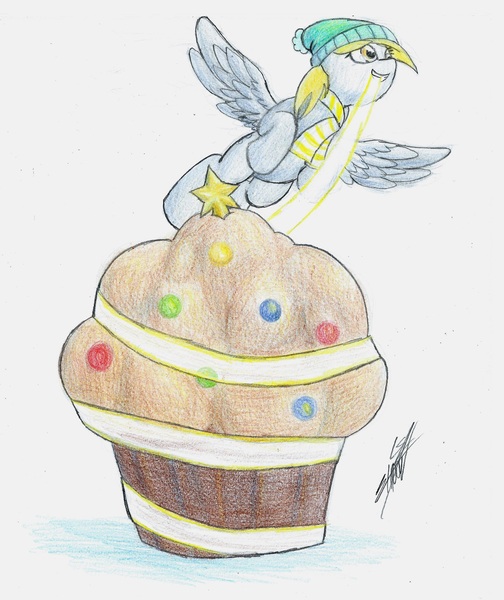 Size: 2548x3036 | Tagged: safe, artist:nightshadow154, derpibooru import, derpy hooves, pony, christmas, christmas lights, clothes, flying, food, hat, holiday, image, jpeg, muffin, scarf, solo, traditional art