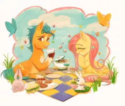 Size: 2829x2398 | Tagged: safe, artist:sadistjolt, derpibooru import, angel bunny, fluttershy, hitch trailblazer, butterfly, earth pony, insect, pegasus, pony, rabbit, animal, cookie, cup, duo, duo male and female, female, food, g5, image, jpeg, male, mare, picnic, sandwich, stallion, teacup, teapot