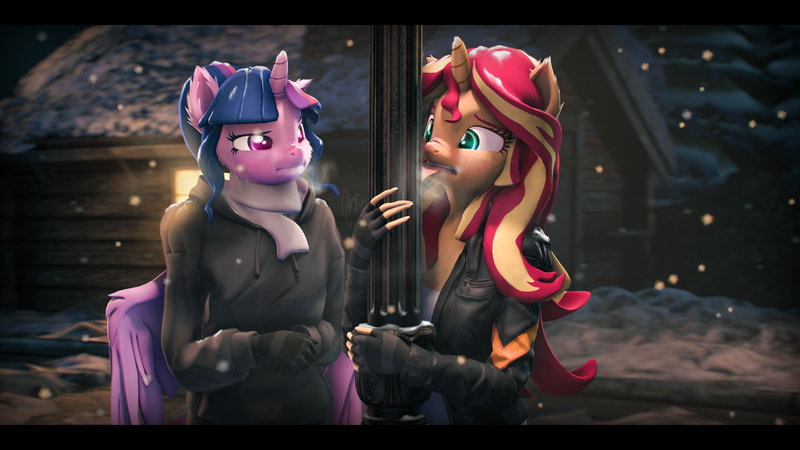 Size: 9600x5400 | Tagged: safe, artist:imafutureguitarhero, derpibooru import, sci-twi, sunset shimmer, twilight sparkle, twilight sparkle (alicorn), alicorn, anthro, unicorn, 3d, :i, black bars, blushing, breath, cabin, cheek fluff, chest fluff, chromatic aberration, clothes, colored eyebrows, colored eyelashes, duo, ear fluff, female, film grain, fingerless gloves, floppy ears, fluffy, frost, gloves, hoodie, horn, image, jacket, jpeg, lamppost, leather jacket, lesbian, long hair, long mane, long nails, looking at someone, multicolored hair, multicolored mane, night, outdoors, pole, raised eyebrow, red nosed, revamped anthros, revamped ponies, scarf, scitwilicorn, scitwishimmer, shipping, shirt, signature, snow, snowfall, source filmmaker, striped gloves, sunsetsparkle, this will end in pain, tongue out, tongue stuck to pole, tree, unamused, wall of tags, window, wings, worried