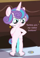 Size: 883x1297 | Tagged: suggestive, artist:papadragon69, banned from derpibooru, ponybooru import, princess flurry heart, alicorn, anthro, plantigrade anthro, baby, babycon, diaper, female, getting dressed, image, lolicon, naked flurry heart, nudity, ouch, pain star, png, safety pin, solo, solo female, thumb sucking, toddlercon, underage