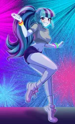 Size: 1024x1685 | Tagged: safe, artist:rileyav, derpibooru import, sonata dusk, equestria girls, breasts, clothes, commission, daisy dukes, dancing, disco, eyebrows, eyebrows visible through hair, female, image, jpeg, ripped shorts, shoes, shorts, sneakers, solo, strobe lights, wristband