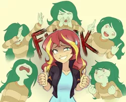Size: 1080x879 | Tagged: safe, artist:avirextin, sunset shimmer, wallflower blush, equestria girls, equestria girls series, clothes, dab, derp, female, fuck, image, jacket, jpeg, middle finger, shout, simple background, striped sweater, sweat, sweatdrop, sweater, thumbs up, vulgar, yellow background