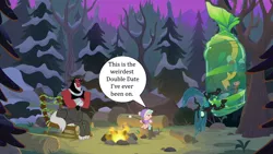 Size: 1280x720 | Tagged: safe, derpibooru import, edit, edited screencap, screencap, cozy glow, lord tirek, queen chrysalis, ophiotaurus, frenemies (episode), campfire, chair, cocoon, double date, food, image, implied cozirek, implied shipping, marshmallow, png, speech bubble, stick