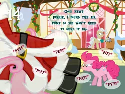 Size: 1280x960 | Tagged: safe, artist:bronybyexception, derpibooru import, fluttershy, mayor mare, pinkie pie, earth pony, pony, advent calendar, air pump, blowing, christmas, christmas decoration, dialogue, female, holiday, image, inflatable santa, jpeg, mare, santa claus, snow, this will not end well