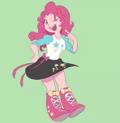 Size: 918x946 | Tagged: safe, artist:avirextin, pinkie pie, equestria girls, boots, bow, clothes, doll, equestria girls minis, female, green background, image, one eye closed, open mouth, png, pointing at self, shirt, shoes, simple background, skirt, smiling, solo, toy, wink