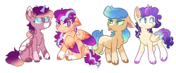 Size: 2864x1186 | Tagged: safe, artist:moccabliss, derpibooru import, oc, oc:lavender moonbow, oc:lightning stripe, oc:sea storm, oc:stellaluna, unofficial characters only, earth pony, pegasus, pony, unicorn, colored wings, colt, female, filly, g5, image, magical lesbian spawn, male, offspring, parent:izzy moonbow, parent:sunny starscout, parent:zipp storm, png, simple background, transparent background, two toned wings, wings