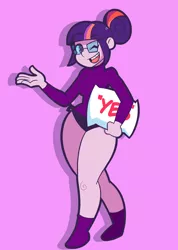 Size: 1350x1900 | Tagged: safe, artist:finalfrantasy, derpibooru import, twilight sparkle, equestria girls, braces, clothes, glasses, hair bun, image, nerd, one eye closed, pillow, pink background, png, simple background, sleepover, socks, solo, sweater, turtleneck, wink, yes