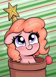 Size: 1242x1690 | Tagged: safe, artist:heretichesh, derpibooru import, oc, oc:peachy keen, unofficial characters only, earth pony, pony, abstract background, christmas ornament, cute, decoration, female, filly, floppy ears, flower pot, freckles, image, jpeg, ocbetes, smiling, solo