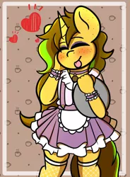 Size: 3108x4222 | Tagged: safe, artist:theawkwarddork, derpibooru import, oc, oc:awkward dork, anthro, pony, unicorn, :p, blushing, cafe, clothes, daydream, eyeshadow, femboy, fishnets, freckles, image, maid, makeup, male, png, solo, tongue out