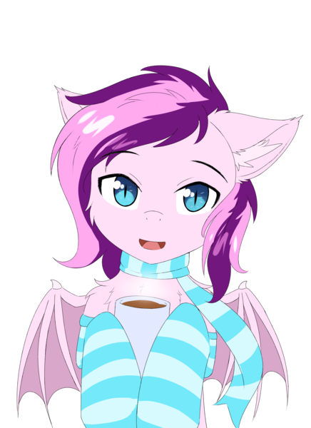 Size: 3200x4400 | Tagged: safe, artist:lunar froxy, derpibooru import, oc, oc:plum taffy, unofficial characters only, bat pony, pony, cheek fluff, chest fluff, chocolate, clothes, cute, ear fluff, eyebrows, eyebrows visible through hair, food, hot chocolate, image, looking at you, male, png, scarf, simple background, socks, solo, stallion, striped socks, transparent background, wings