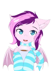 Size: 3200x4400 | Tagged: safe, artist:lunar froxy, derpibooru import, oc, oc:plum taffy, unofficial characters only, bat pony, pony, cheek fluff, chest fluff, chocolate, clothes, cute, ear fluff, eyebrows, eyebrows visible through hair, food, hot chocolate, image, looking at you, male, png, scarf, simple background, socks, solo, stallion, striped socks, transparent background, wings