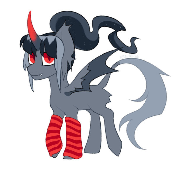 Size: 1280x1280 | Tagged: safe, artist:renhorse, derpibooru import, oc, alicorn, pony, clothes, curved horn, horn, image, jpeg, leg warmers, leonine tail, offspring, parent:king sombra, parent:princess luna, parents:lumbra, simple background, socks, solo, striped socks, tail, white background