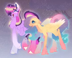 Size: 1902x1519 | Tagged: safe, artist:faunahoof, derpibooru import, fluttershy, twilight sparkle, alicorn, pegasus, pony, pony town, blank flank, blushing, chest fluff, colored wings, floppy ears, fluffy, glow, hoof fluff, image, laughing, multicolored eyes, multicolored hair, multicolored mane, multicolored tail, multicolored wings, png, spread wings, tail, tundra, wings, winter