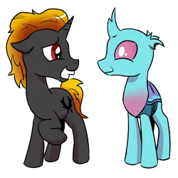 Size: 1200x1200 | Tagged: safe, artist:pony-berserker, derpibooru import, oc, oc:dopple, oc:shadowed ember, changedling, changeling, unicorn, derpibooru community collaboration, 2022 community collab, changeling oc, image, png, sheepish, smiling