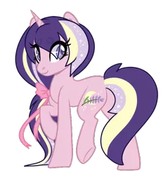 Size: 700x733 | Tagged: safe, artist:necrophilifox, derpibooru import, oc, unofficial characters only, pony, unicorn, base used, bow, ethereal mane, eye clipping through hair, female, hair bow, horn, image, looking back, mare, png, simple background, smiling, solo, starry mane, transparent background, underhoof, unicorn oc