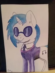 Size: 1932x2576 | Tagged: safe, artist:dr nick taco, vinyl scratch, pony, unicorn, blue hair, female, glasses, image, jpeg, mare, necktie, painting, photo, simple background, solo, traditional art, watercolor painting, white background