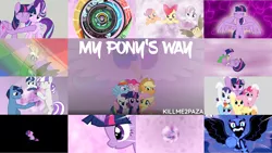 Size: 1280x720 | Tagged: safe, artist:killme2paza, derpibooru import, edit, editor:quoterific, apple bloom, applejack, discord, fluttershy, night light, nightmare moon, owlowiscious, pinkie pie, rainbow dash, rarity, scootaloo, shining armor, spike, starlight glimmer, sweetie belle, twilight sparkle, twilight sparkle (alicorn), twilight velvet, alicorn, bird, draconequus, dragon, earth pony, owl, pegasus, pony, unicorn, adorabloom, apple bloom's bow, applejack's hat, bow, colt, cowboy hat, cute, cutealoo, cutie mark crusaders, diasweetes, eyes closed, female, filly, grin, hair bow, hat, image, male, mane seven, mane six, mare, my pony's way, open mouth, open smile, png, smiling, spread wings, wings