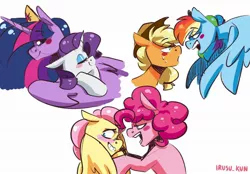 Size: 2048x1422 | Tagged: safe, artist:lrusu, derpibooru import, applejack, fluttershy, pinkie pie, rainbow dash, rarity, twilight sparkle, alicorn, earth pony, pegasus, pony, unicorn, appledash, female, flutterpie, image, jpeg, lesbian, mane six, rarilight, shipping