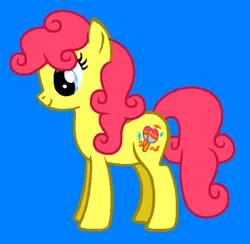 Size: 559x545 | Tagged: safe, artist:tommyboy68, derpibooru import, fiesta flair, earth pony, pony, blue background, curly hair, cute, female, fiestabetes, g3, g3 to g4, g4, generation leap, image, mare, ms paint, png, simple background, smiling, solo