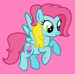 Size: 451x449 | Tagged: safe, artist:tommyboy68, derpibooru import, thistle whistle, pegasus, pony, cute, female, flying, g3, g3 to g4, g4, generation leap, heart, heart hoof, image, mare, pink background, png, simple background, smiling, thistlebetes