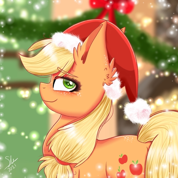 Size: 1280x1280 | Tagged: safe, artist:galaxy swirl, derpibooru import, applejack, earth pony, pony, christmas, female, freckles, happy, hat, holiday, image, jpeg, looking at you, mare, santa hat, smiling