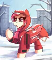 Size: 1900x2200 | Tagged: safe, artist:shadowreindeer, derpibooru import, oc, oc:candy rain, unofficial characters only, pegasus, pony, bag, city, clothes, commission, delivery pony, female, image, jacket, jpeg, mare, mobile phone, open mouth, phone, saddle bag, scarf, smartphone, snow, solo, winter, ych result