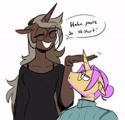 Size: 669x640 | Tagged: safe, artist:redxbacon, derpibooru import, oc, oc:good talk, oc:parch well, unofficial characters only, anthro, unicorn, beard, duo, facial hair, female, image, jpeg, larger female, simple background, size difference, smiling, unamused, white background